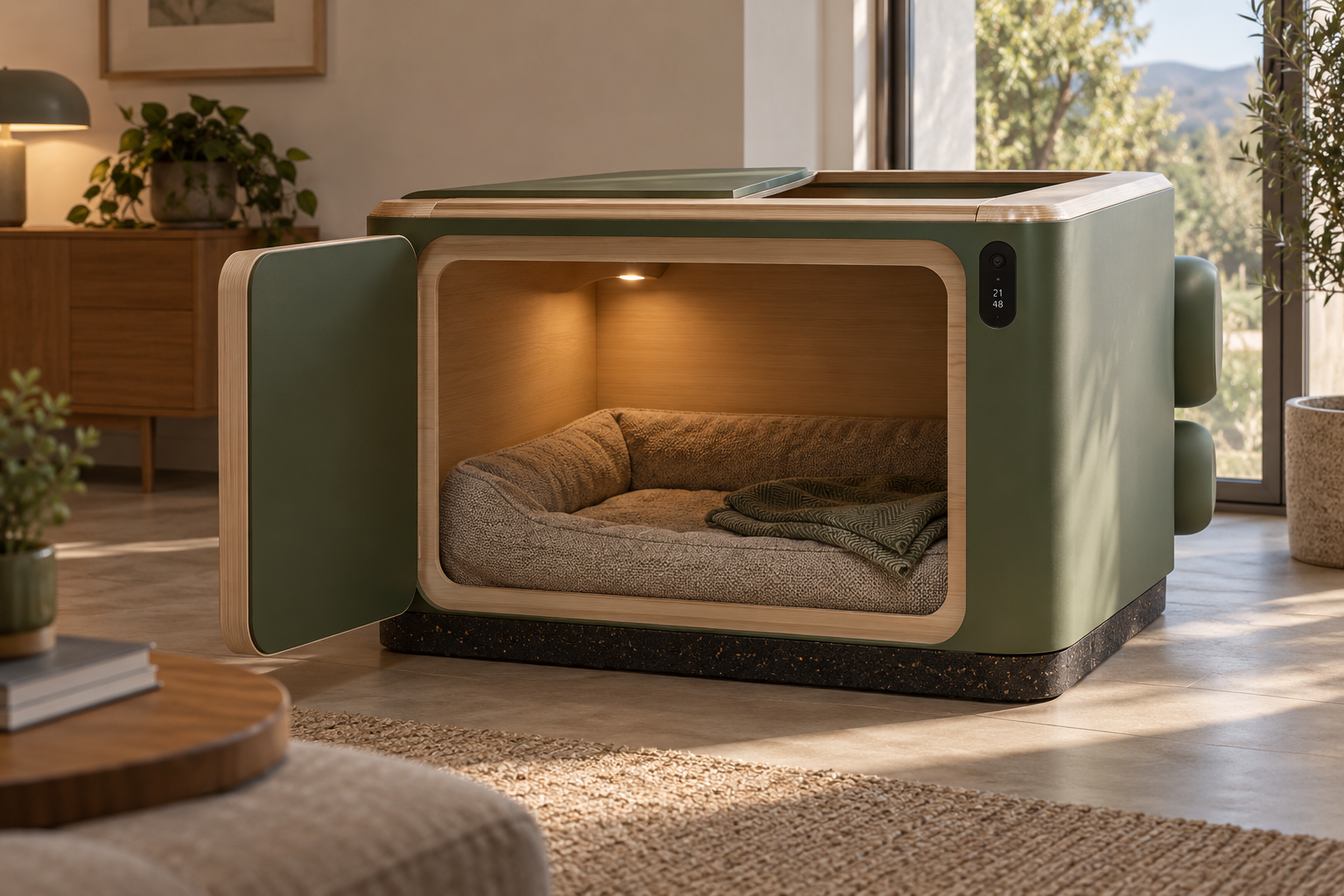 Cápsula acústica integral QuietPaw con puerta y techo abiertos