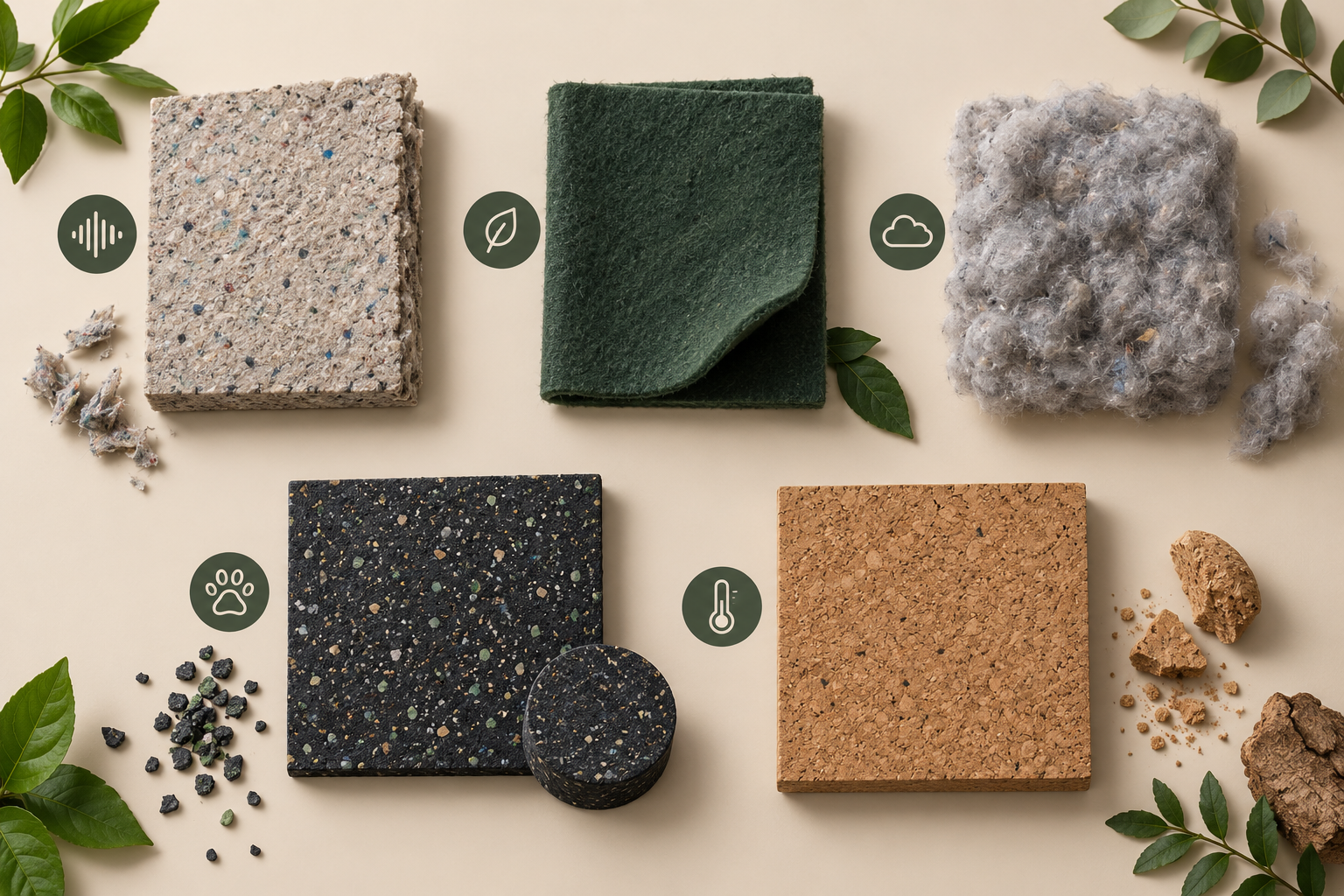 Muestras de tablero recuperado, PET, fibra textil, caucho EPDM y corcho