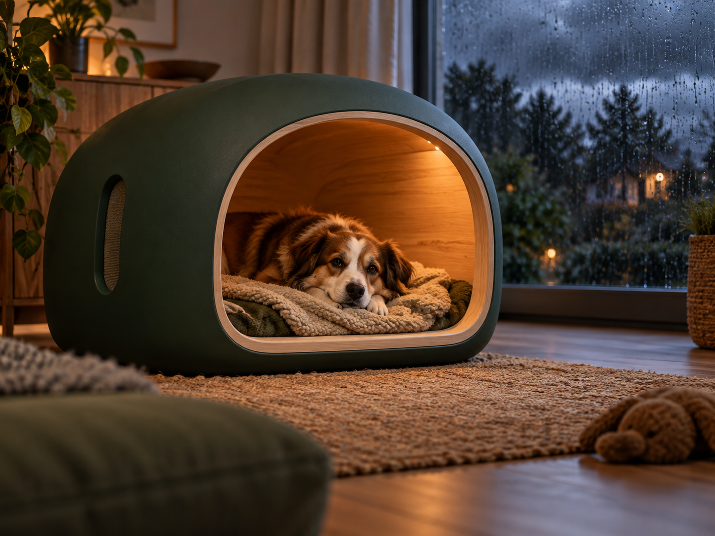Perro tranquilo dentro de un refugio durante una tormenta